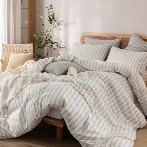 BESTOUCH Striped Cotton Duvet Cover Set Linen Feel Queen - Image 5