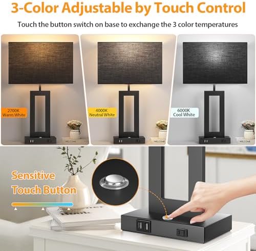 27.2’’ Tall Black Table Lamps for Living Room Bedroom, Bedside Touch Control Lamps with 2 USB Ports&AC Outlet, 3 Color Temp.&Stepless Dimming Desk Lamp Sets for Home Office, Pre-assembled Black Shade - Image 2