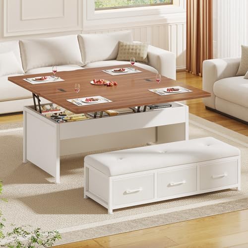 Itaar Lift Top Coffee Table Set, 43'' Multi-Function Coffee Table with Storage Drawers and Hidden Compartment, Center Table with Ottoman Bench for Living Room, White by Itaar