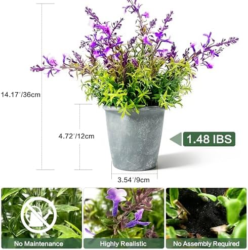 MONOID Artificial Potted Plants, Realistic Fake Greenery for Desk, Home Office Bathroom Shelf Farmhouse Table Decor, Maintenance Free (4, Lavender Purple) - Image 2