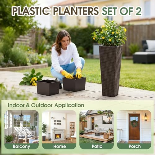 Greesum 23 Inch Tall Plastic Planters with Rattan Texture – Set of 2, Brown - Image 6