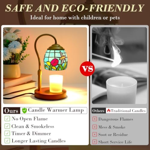 Candle Warmer Lamp with Timer Dimmer, Adjustable Height Candle Warmer for Jar Candles, Birthday Gifts for Women New Home Bedroom Decor Tiffany Hummingbird Style Stained Glass with 2 Bulbs - Image 4