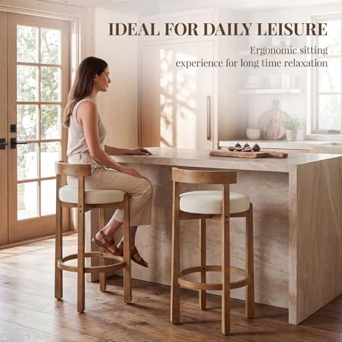 LukeAlon Mid Century Linen Bar Stools Set of 4, 30.25" Seat Height Upholstered Barstools with Wood Legs Modern Tall Bar Chair with Curved Low Back Round Footrest for Pub Home Kitchen Island, Beige - Image 3