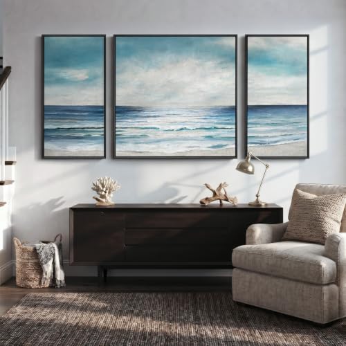 Extra Large Framed Blue White Coastal Wall Art for Living Room, 3 Piece Set - Image 2