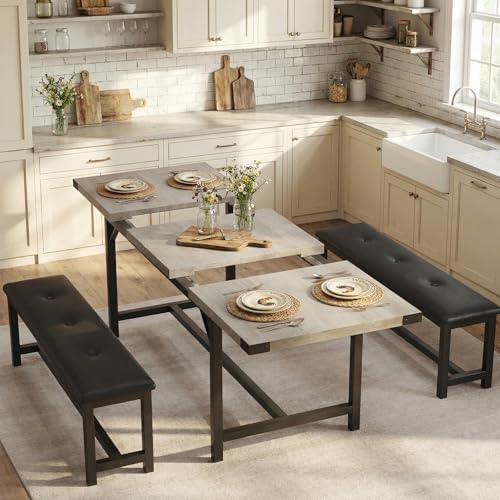 IDEALHOUSE 63" 3 Piece Extendable Dining Table Set for 4-6, Rectangle Wooden Kitchen Table with 2 Soft Benches Set for 6, Sturdy Metal Frame, Dinette Table Set for Apartment, Kitchen, Rustic Gray by IDEALHOUSE