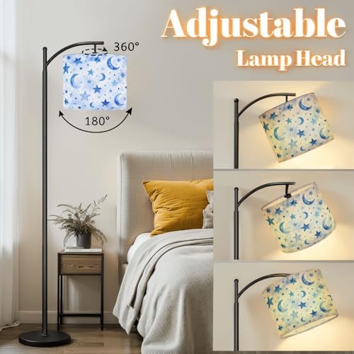 Arc Floor Lamp Blue Starry Sky Crescent Moons Dots Watercolor Style Dimmable Modern Standing Lamp with Remote Adjustable Drum Shade Footswitch Tall Pole Lamp for Living Room Bedroom - Image 3