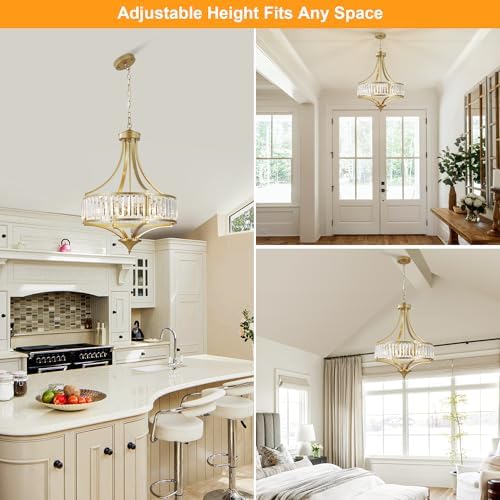 CNRATYE 20" Modern Crystal Chandelier, 5-Light Gold Dinning Room Light Fixtures Over Table, Hanging Round Pendant Chandelier for Kitchen Island Entryway Bedroom Office Bathroom Stairwell - Image 4