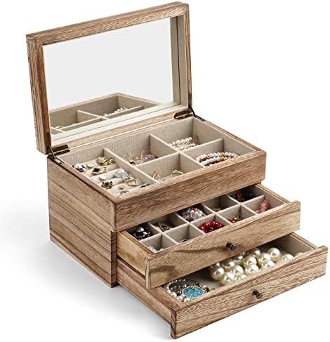 Meangood Jewelry Box Organizer for Women, 3 Layer Large Jewelry Storage Case, Rustic Wooden Jewelry Box with Mirror & Ring Tray for Necklace Earring Bracelets Rings, Vintage Style (Carbonized Black) by Meangood