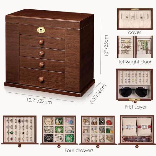 Solid Wood Jewelry Box with Lock - 8-Layer Organizer for Women, Walnut - Image 4