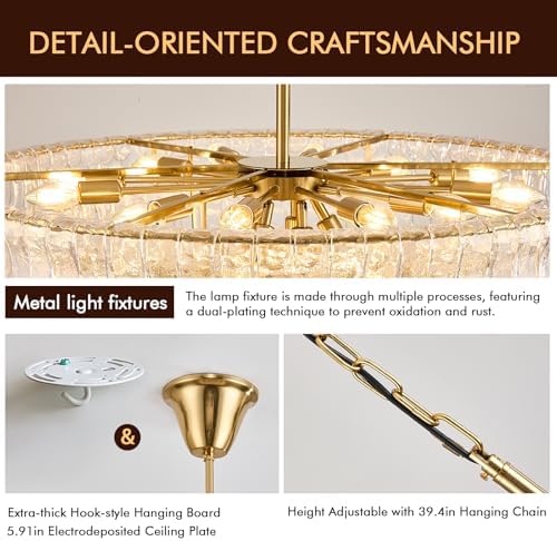 35in Large Chandelier Gold, Modern Dining Room Light Fixtures, 4 Layer Luxury Glass Chandelier 18 Light Chandeliers for Dining Room Kitchen Island Living Room (Clear Glass) - Image 3