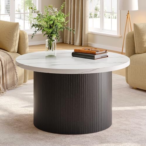 ONBRILL 31.5" Round Coffee Table, Tambour Design, Marble Color by ONBRILL