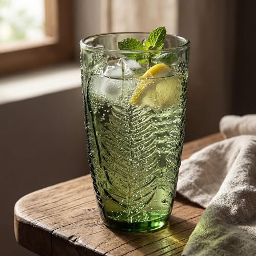 Green Drinking Glasses Set of 8, 16 oz Glass Cups, Vintage Fern Glassware - Image 5