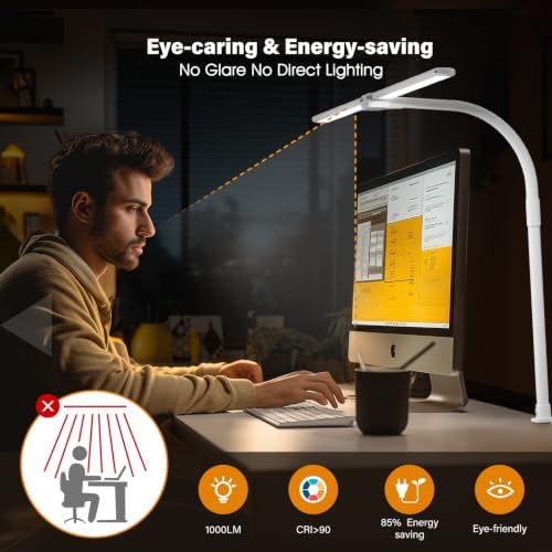 SIBRILLE LED Desk Lamp for Home Office - Dimmable Computer Desk Light with Clamp, Modern Architect Task Lamp with Color Changing, Flexible Desktop Lamp with Gooseneck for Monitor, Double Head, White - Image 6