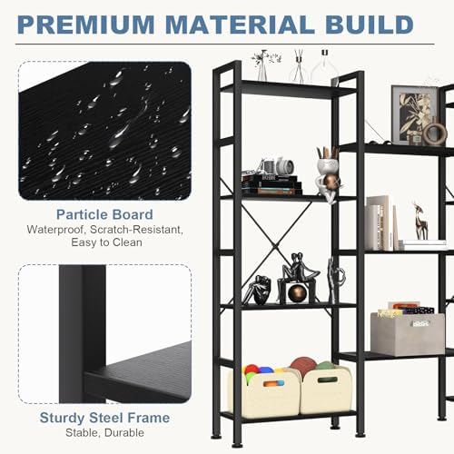 DUMOS Triple Column 4 Tier Bookshelf, Wide Industrial Bookcase, Black - Image 5