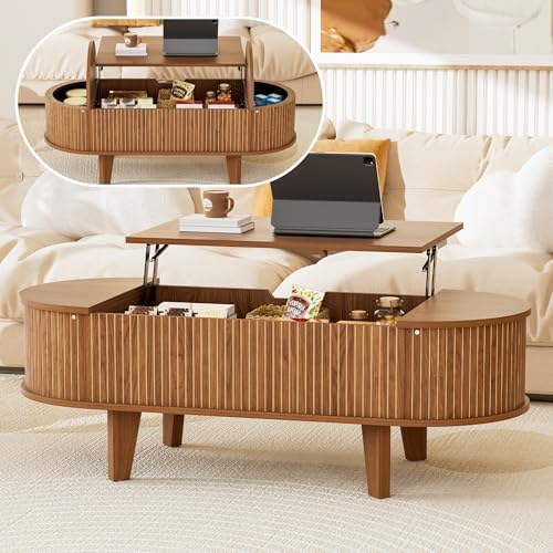 Fluted Oval Lift Top Coffee Table with Storage, 47" Wood Mid Century Modern Coffee Table for Living Room, Walnut by Pruchant
