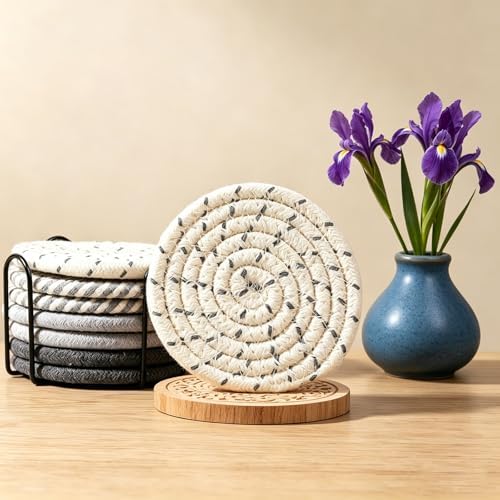 Coasters Set of 8 for Drinks with Holder,4 Colors Absorbent Coasters,Boho Cotton Woven Coaster Set for Living Room Decor,Tabletop Protection Suitable for Drinks,Beer, Coffee - Image 6