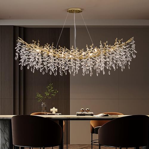 Modern Crystal Chandelier for Dining Room, 16-Light 55.12" Gold Tree Branch Chandeliers, Luxury K9 Crystal Rectangular Chandeliers for Kitchen Island Living Room by witkey
