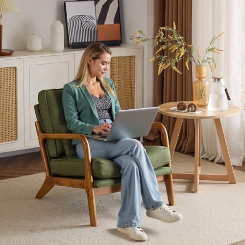 Bonnlo Dark Green Linen Mid Century Modern Accent Chair, Soild Wood Padding Lounge Armchairs Side Sitting Chairs for Living Room, Bedroom, Guest Room - Image 4