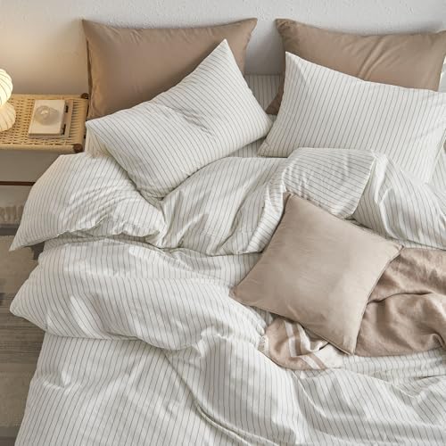 MooMee Striped Duvet Cover Set 100% Washed Cotton Linen Like Super Queen - Image 4