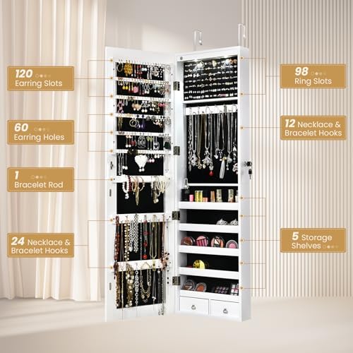 NAFORT 2 LEDs Mirror Jewelry Armoire, 47.5" H Door or Wall Mounted Jewelry Cabinet with Frameless Mirror, Lockable Jewelry Storage Box, Hanging Jewelry Organizer with 2 Drawers, White - Image 2