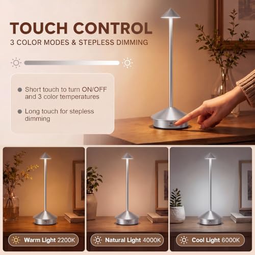 6 Pack Cordless Table Lamp, 3 Color Stepless Dimmable, Silver - Image 3