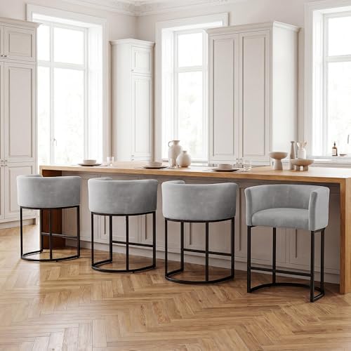 GRUSIGN Chenille Counter Height Bar Stools Set of 4, 26" Kitchen Island Stools, Upholstered Barrel Back Bar Chairs for Kitchen， Dining Room, Bar & Lounge Area, Grey by GRUSIGN