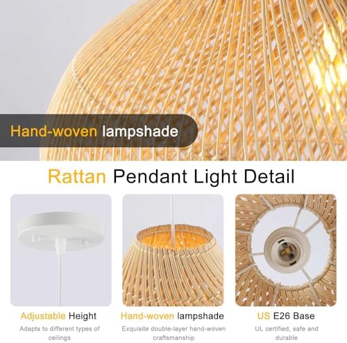 Large Rattan Pendant Light, 19.7" Rattan Boho Wicker Chandelier Hand-Woven Basket Pendant Light Fixtures for Dining Room Kitchen Island Living Room - Image 3