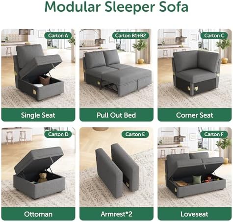 HONBAY Single Seat for Modular Sectional Sleeper Sofa with Pull Out Bed, Customizable Armless Chair for Sectional Couch, Dark Grey - Image 5