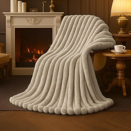 Amélie Home Soft Striped Faux Fur Throw Blanket for Couch, Beige, 55"x70" by Am%C3%A9lieHome