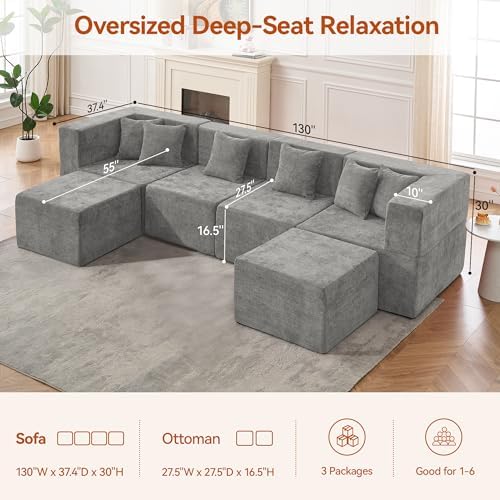 MONVANE Modular Sectional Cloud Couch for Living Room - 130'' 6 Seater Convertible Chenille Couches Set with Ottoman, No Assembly Compression Sofas, Comfy Floor Sofa with Memory Foam, Light Grey - Image 3