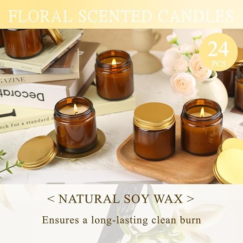 24 Pcs 4 Oz Mason Jar Candles, Vanilla Scented Soy Candles Bulk Set for Stress Relief and Relaxation, Great Favors for Wedding, Christmas, Housewarming Gifts (Gold,Amber Glass, Vanilla, 24) - Image 3