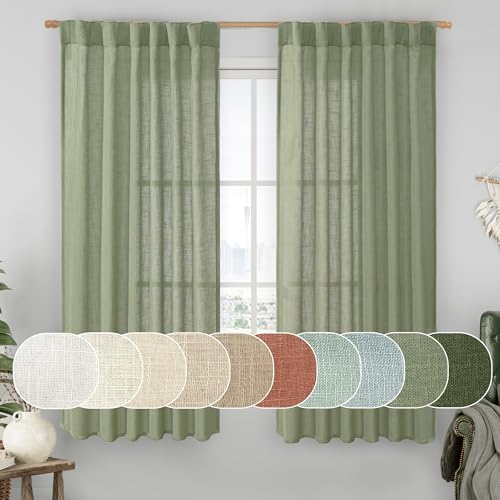 LAMIT Sage Green Linen Curtains 63 Inch for Bedroom, Semi Sheer Panels by LAMIT