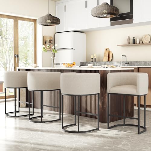 26" H Counter Height Bar Stools Set of 4, Modern Barrel Counter Stools with Backrest and Arms, Linen Fabric Upholstered Accent Barstools for Kitchen Island,Support 450 LBS (Beige) by VATROS