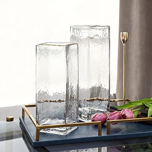 Geometric Square Painted Gold Edge Water Corrugated Translucent Glass Vase Home Table Decoration (F-10in) - Image 7