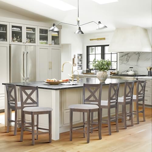 COLAMY Bar Stools Set of 6, Counter Height Bar Stools, Mid Century Modern Barstools, Wood Barstools for Kitchen Dining Room Bar, Light Brown Wash by COLAMYHOME