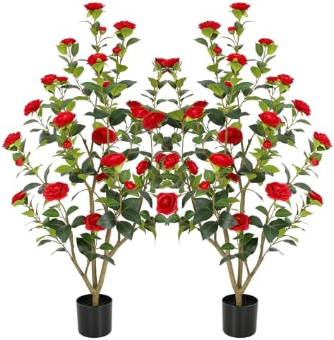 Nafresh 4FT Lush Artificial Red Camellia Tree Outdoor 2 Pack, 48inch Faux Camellia Plant, Fake Camellia Flowers Tree for Indoor Outdoor Living Room Home Patio Front Door Garden Decor by Nafresh