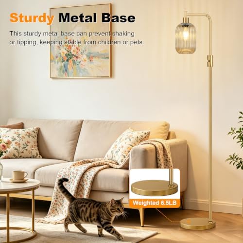 【Upgraded】 Dimmable Floor Lamp for Living Room with Amber Ribbed Glass Lampshade, Gold Modern Floor Lamp with 900LM LED Bulb Included, Arc Standing Tall Lamp for Bedroom, Office, Reading Room, Corner - Image 6