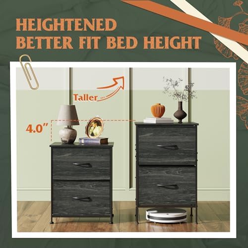 WLIVE Black Night Stand Set of 2, Small Dresser with 2 Drawers & Wooden Top, Nightstand with Fabric Bins, Bedside Table End Table for Bedroom, Closet, Entryway, College Dorm, Charcoal Black - Image 3