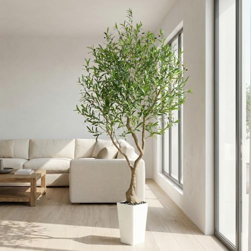 Olive Trees Artificial Indoor, 7FT Fake Plant in White Tall Planter by FSOHOI