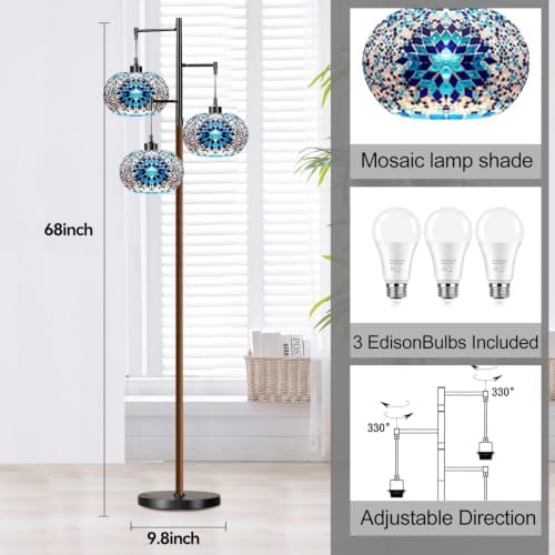 QIYIZM Turkish Floor Lamp for Living Room,Bedroom,Moroccan Mosaic Standing Lamp Stained Glass Lamps Black Mid Century Tall Lamps Unique Tree 3 Light Vintage Retro Wood Floor Lights Boho Tiffany Style - Image 5