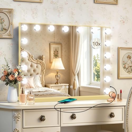 Ratsamee Gold Hollywood Vanity Mirror with Lights, 17 Dimmable Bulbs, 3 Color Lights,Make Up Lighted Mirror, Aluminum Metal Frame, USB Charging Port（26" x 20"） by RATSAMEE