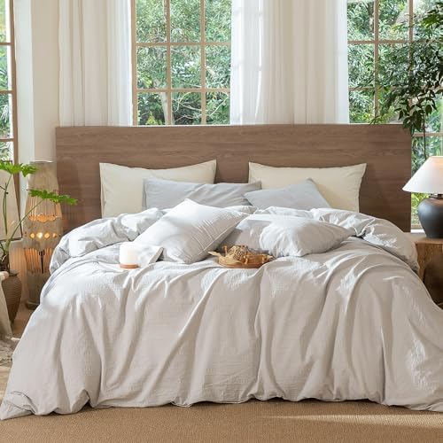MooMee Wavy Striped Duvet Cover Set 100% Washed Cotton Linen Like Textured Breathable Durable Soft Comfy (Light Grey, Oversized Queen 98"x98") by MOOMEE