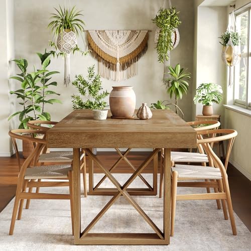 LITTLE TREE 63-Inch Dining Table for 4 People, Farmhouse Thick Appearance Design, Rustic Rectangle Kitchen Dinner Table for Dining Room, Living Room, Yellowish Brown - Image 6