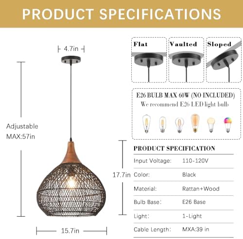 Black Rattan Pendant Light, 15.7" Rattan Chandelier Hand-Woven Wicker Pendant Light Fixtures with Solid Wood, Basket Hanging Lighting for Dining Room Kitchen Island Living Room - Image 3