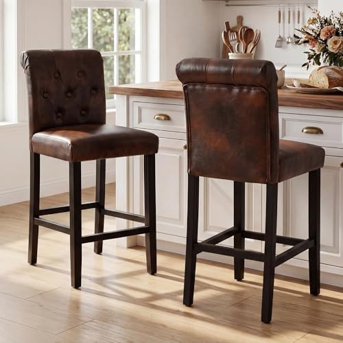 LSSBOUGHT 24 Inches Leather Counter Height Stools Set of 2 with Solid Wood Legs Bar Chairs for Kitchen lsland & Dining Room(Brown,2PCS) - Image 4