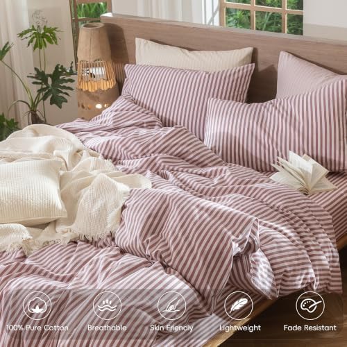 MooMee Striped Duvet Cover Set 100% Washed Cotton Linen Like Queen - Image 3