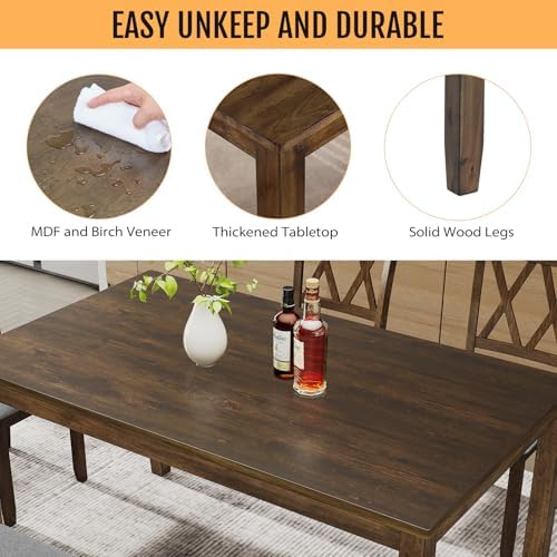 Zevemomo 6-Piece Solid Wood Dining Table Set, for Dining Room, Walnut - Image 3
