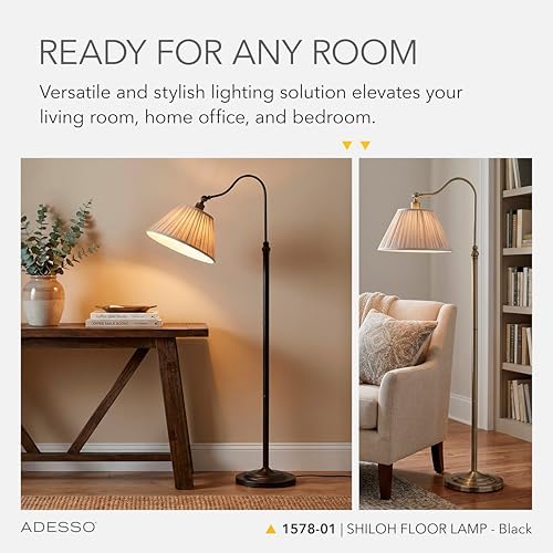 Adesso Floor Lamp, Black & Oatmeal, Pleated Shade, Curved Arm, 63” - Image 3