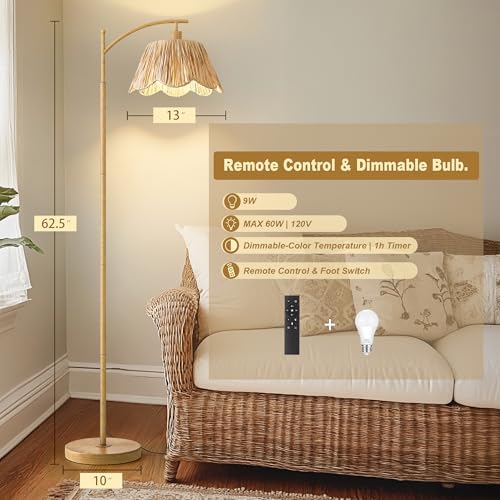 Oneach Arc Floor Lamp for Living Room with 3 Color Temperatures, Rattan Boho Floor Lamp with Remote & Dimmable Bulb, Farmhouse Floor Lamps Suitable for Bedroom, Study(Light Woodgrain) - Image 4