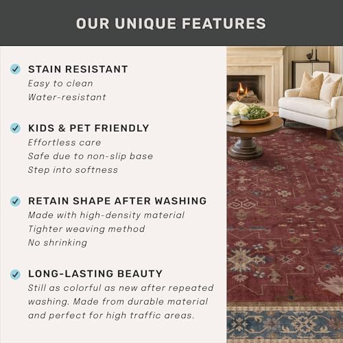 Washable 3x8 Entry Way Rugs Indoor - Burgundy Large Kitchen Rug, Non Slip Unique Bohemian Red Low Pile Thin Carpet for Bedroom Bedside, Foyer - Image 5